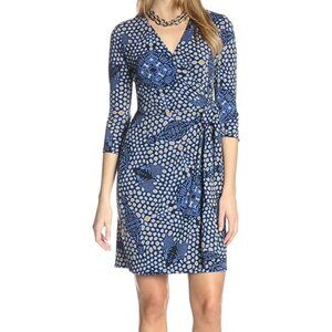 NWOT DONNA MORGAN Womens' Blue Marigold 3/4 Sleeve Printed Wrap Dress Sz 14